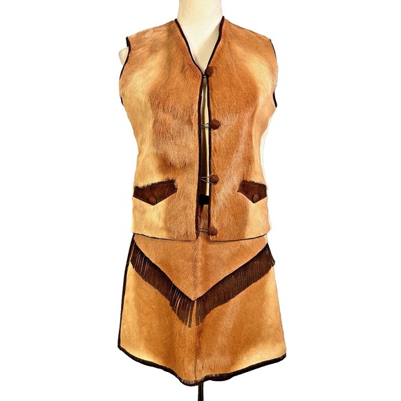 Handmade Jackets & Blazers - Vintage Hand-made Deer Hide Leather Suede Vest/ Skirt Fringe Three Tone OOAK